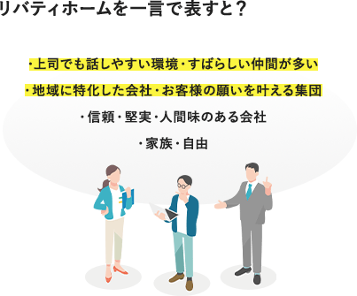 リバティホームを一言で表すと？・上司でも話しやすい環境・すばらしい仲間が多い・地域に特化した会社・お客様の願いを叶える集団・信頼・堅実・人間味のある会社・家族・自由